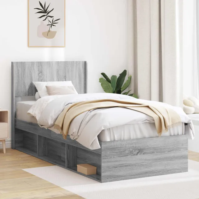 vidaXL Bedframe met opbergruimte en hoofdbord Grijs Sonoma 90 x 200 cm