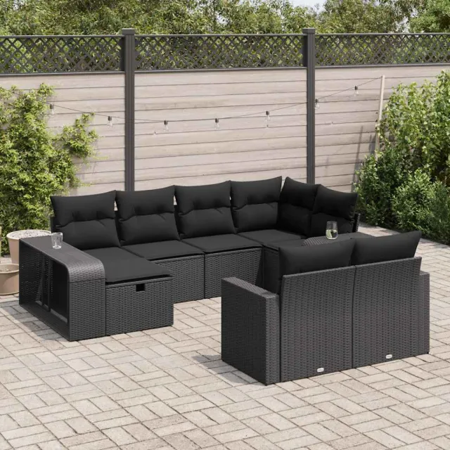 vidaXL 10-delige Loungeset met kussens poly rattan zwart, foto 2
