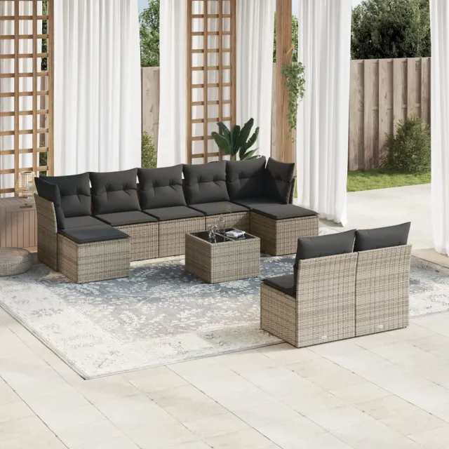 vidaXL 10-delige Loungeset met kussens poly rattan grijs, foto 2