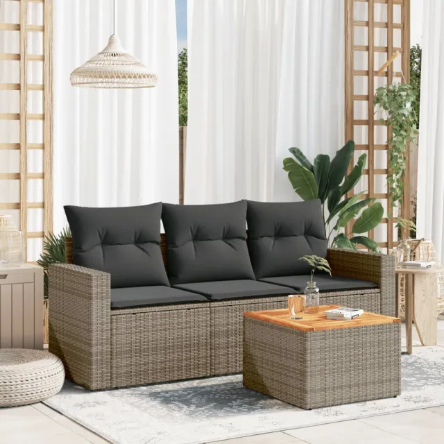 vidaXL 4-delige Loungeset met kussens poly rattan grijs, foto 2