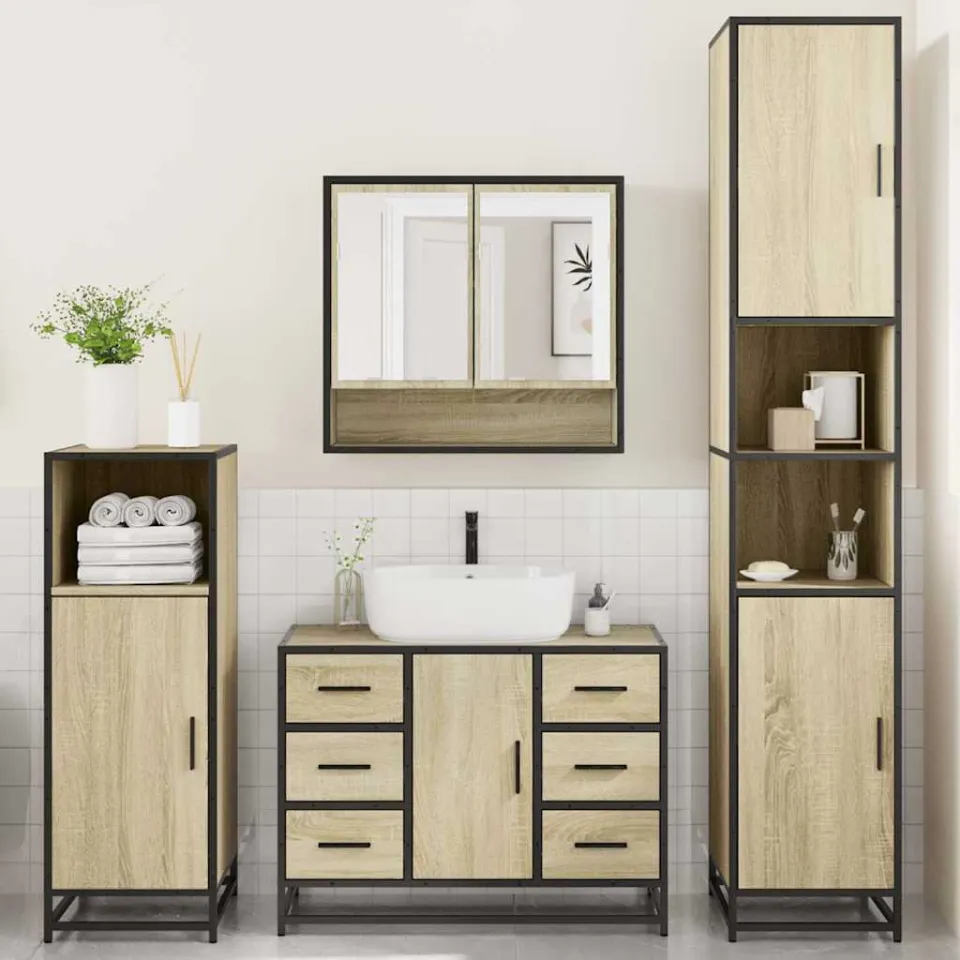 vidaXL 4-delige Badkamermeubelset bewerkt hout sonoma eikenkleurig, foto 4