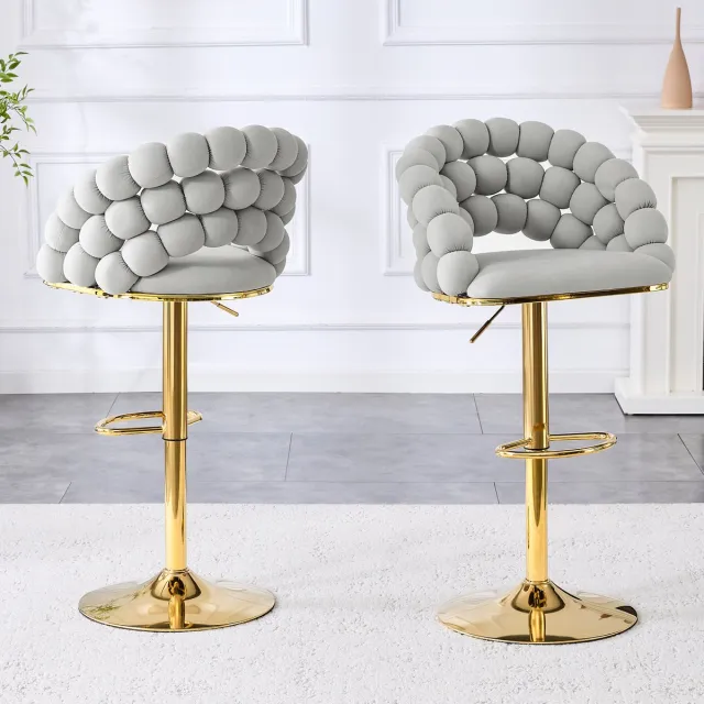 STILVORA Barkruk 65-112 Cm - Set Van 2 - In Hoogte Verstelbaar Met Kogelketting Rugleuning - Voor Keukeneiland En Bar - Metaal Fluweel Lichtgrijs