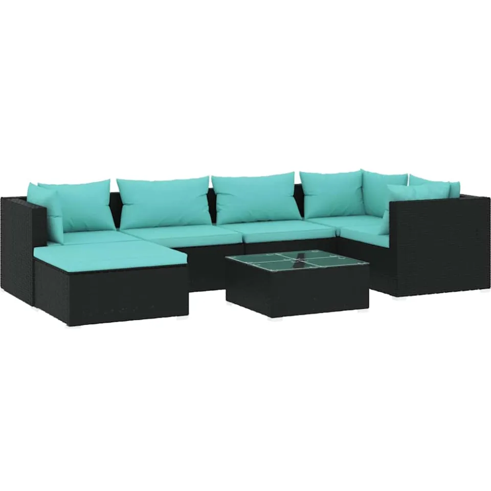 vidaXL 7-delige Loungeset met kussens poly rattan zwart