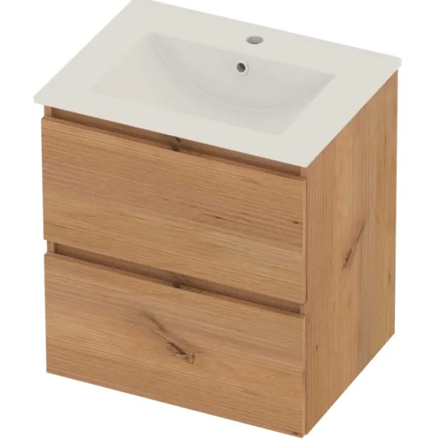 Basic-Line Coach 46 Badmeubelset Porselein 1 Kraangat Greeploos 60x46x62 cm Whisky Oak Glans Wit