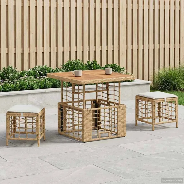 vidaXL Tuin eettafelset 3 st Natuur en Wit Poly Riet en Acaciahout Beige