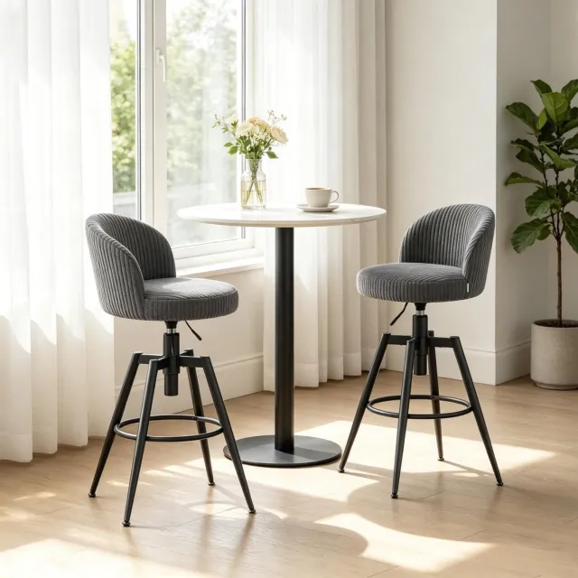 OKWISH Barkruk 42 Cm - In Hoogte Verstelbaar En Draaibaar Met Rugleuning - Voor Keuken, Bar En Eethoek - Ribstof En Metaal - Grijs