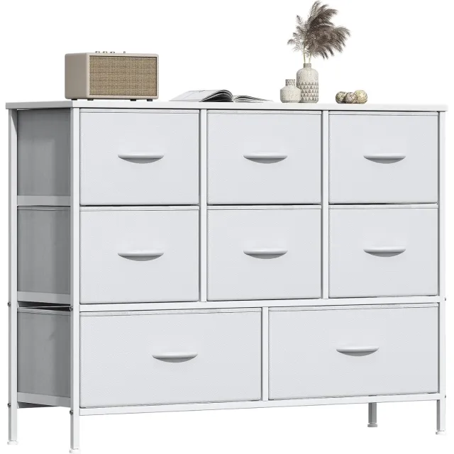 AIMASON Ladekast met 8 stoffen lades - Wit met leerlookfronten - Voor slaapkamer en hal - Metalen frame en MDF blad - Verstelbare voetjes - 100 x 30 x 76 cm