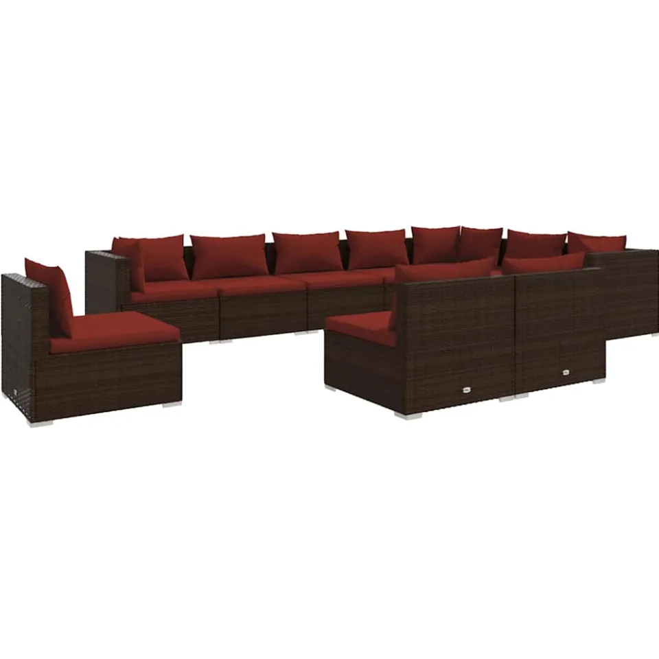 vidaXL 10-delige Loungeset met kussens poly rattan bruin, foto 4