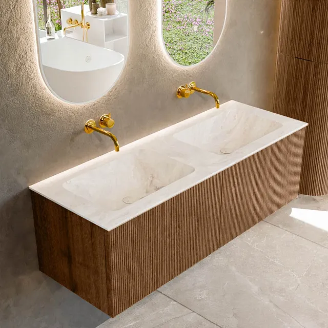 Mondiaz KURVE-DLUX 130 cm Onderkast Greeploos 2 Lades Zonder Deuren Walnut, Wastafel Solid Surface Dubbel Frappe 0 Kraangaten Zonder Spiegel (KRVLEA1302L0D0KD-Wal/Fra)