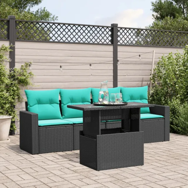 vidaXL 5-delige tuinbankset met kussens van zwart polyrotan, foto 2