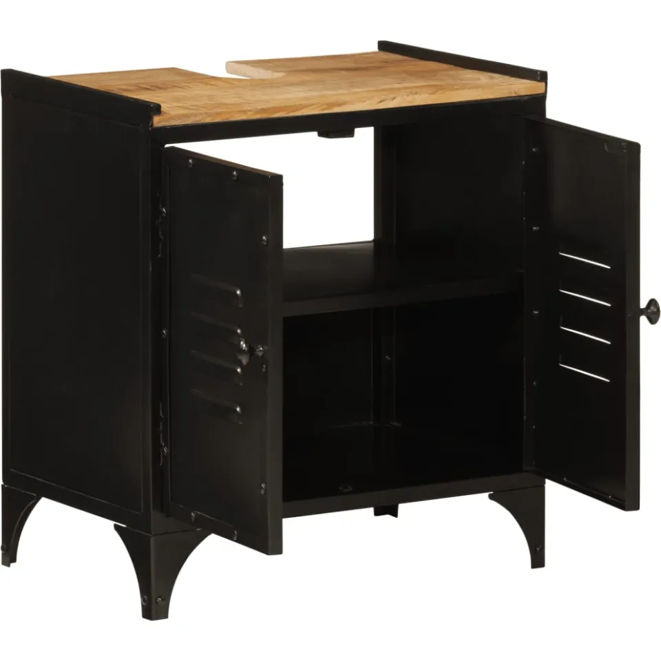 vidaXL Wastafelkast 55x35x60 cm ijzer en massief mangohout bruin, foto 2