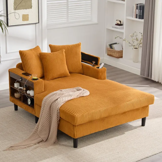 MODFU Chaise Longue Met Bekerhouders, Ledverlichting En Opbergruimte - Modern - Ribfluweel - Mosterdgeel - 129 x 170 x 70 cm Mustard yellow