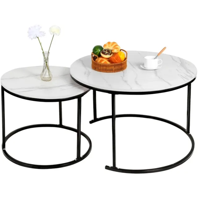 Brandistry Salontafel - Salontafel Rond - Set van 2 - Woonkamer - ]]Zwart Frame - Wit Marmer blad - Diameter 50cm en 70cm Zwart met wit marmer