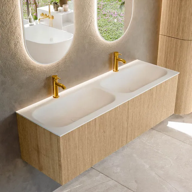 Mondiaz KURVE 140 cm Onderkast Greeploos 2 Lades Zonder Deuren Oak, Wastafel Solid Surface Dubbel Talc 2 Kraangaten Zonder Spiegel (KRVBGS1402L0D2KD-Oak/Tal)