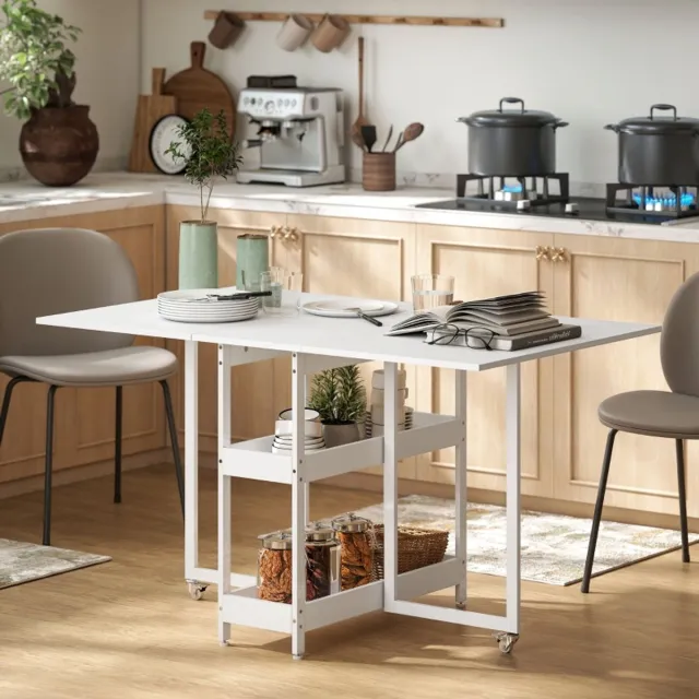 COVREO Eettafel 133,4 x 80 x 75 cm - opklapbaar, 2 open vakken, voor 2-4 personen, wit