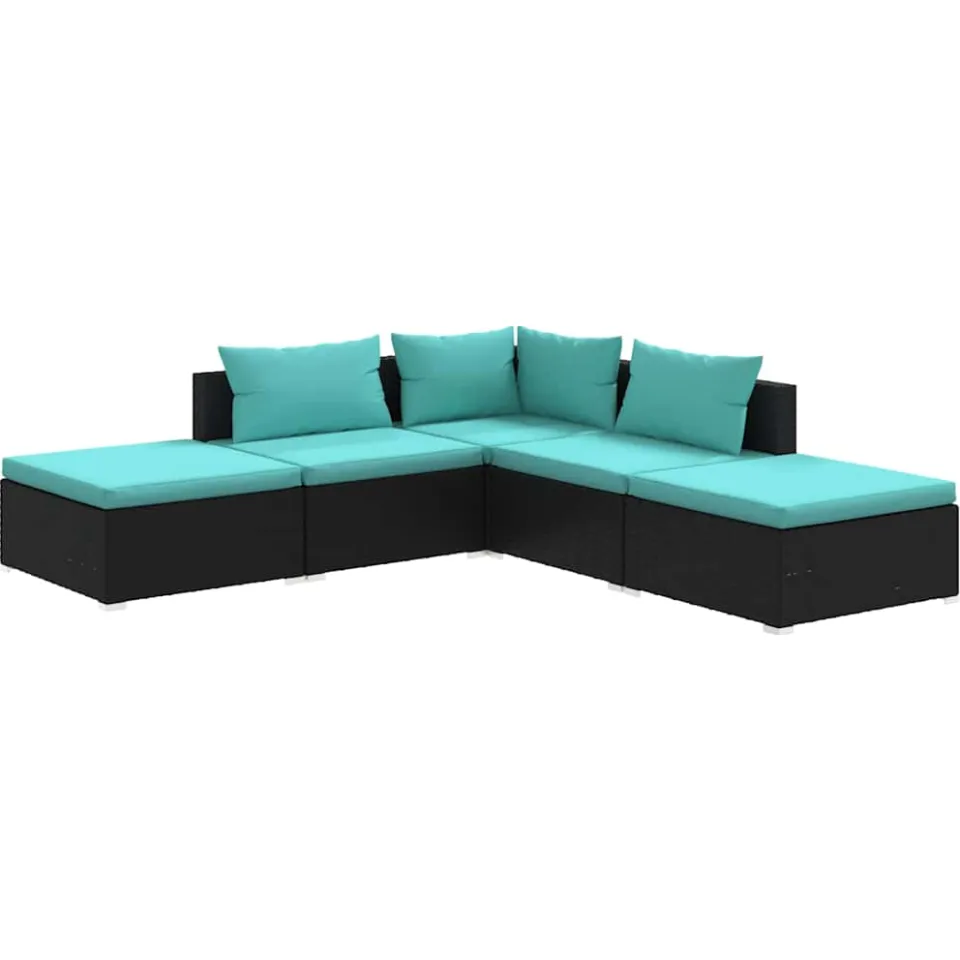 vidaXL 5-delige Loungeset met kussens poly rattan zwart, foto 3