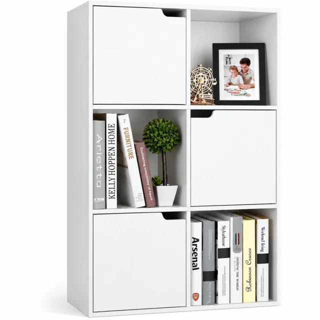 DPLUNIQ Boekenkast - Kast - Boekenplank - Opbergkast - 6 Vakken - 3 Deuren - 60x29x90cm - Hout - 3 Niveaus - Modern - Wit