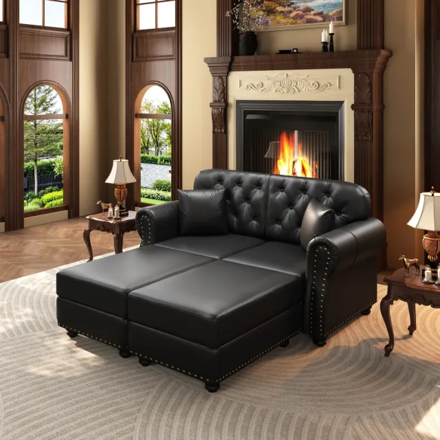 MIVRAY Chesterfield Bank 160 cm - Tweezitsbank met Twee Verplaatsbare Voetenbanken - Voor Woonkamer en Ontvangstruimte - Kunstleer - Zwart