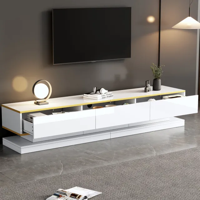 Rolipo Hoogglans tv-meubel 200 x 40 x 40 cm-3 laden-open vakken-40 kg draagvermogen – voor 80 inch televisie – warmwit met gouden rand voor de woonkamer