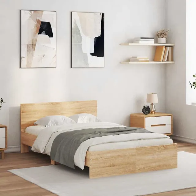 vidaXL Bedframe met hoofdeinde en LED sonoma eikenkleurig 135x190 cm Bruin