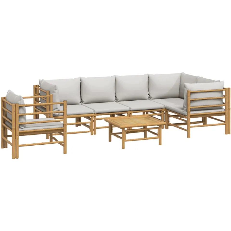 vidaXL 7-delige Loungeset met lichtgrijze kussens bamboe Bruin