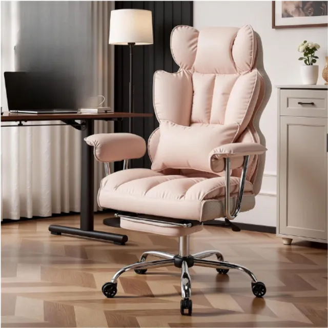 Efomao Luxe Ergonomische Directeursbureaustoel Met Voetensteun - PU Leren Bekleding - Verstelbare Lendensteun - Hoge Rugleuning - Comfortabele Bureaustoel Tot 200 Kg Voor Kantoor En Thuis LICHT ROZE