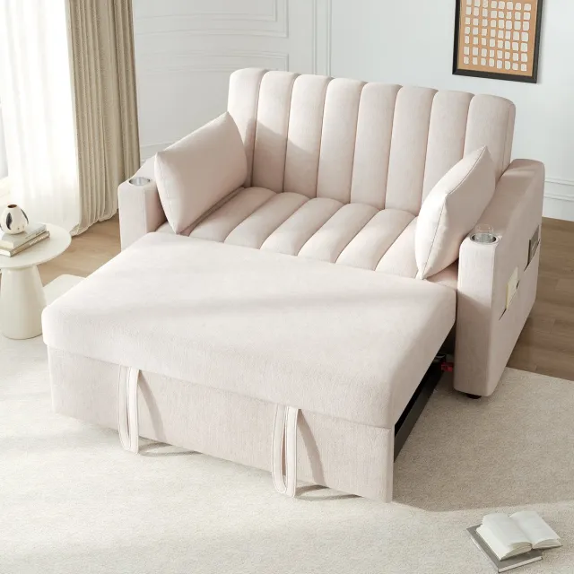 COVREO Slaapbank 136x162 cm beige, katoen en linnen met bekerhouders