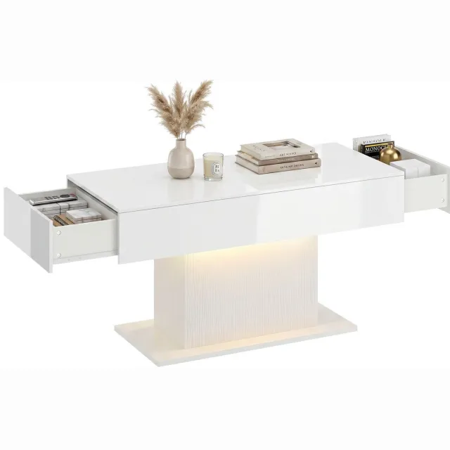 Homcom Salontafel met RGB LED verlichting - Koffietafel hoogglans - Woonkamertafel met lades - Wit