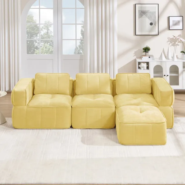 Wishdor Hoekbank - 3-zits modulair en flexibel ontwerp - Zonder montage inclusief hocker - Comfortabel 32d schuim - Voor woonkamer en lounge - Zachte polyester stof - Geel - 271 x 162 x 67 cm Geel (met 1 ottomane)