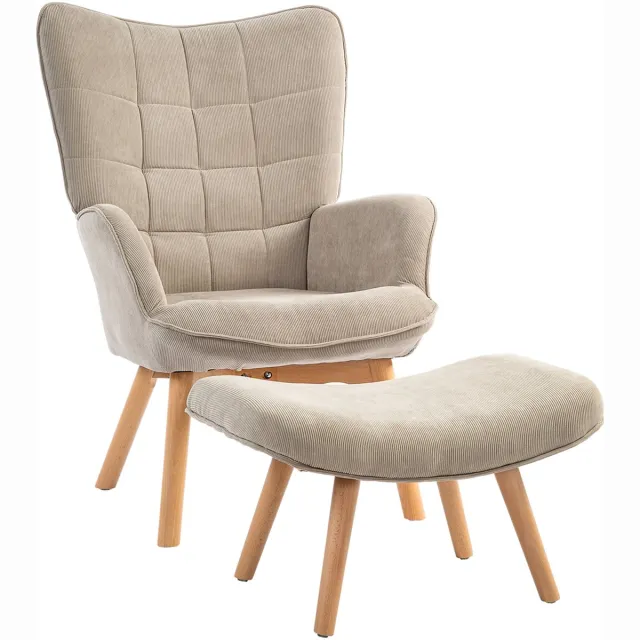 Hoohohoo Oorfauteuil met Hocker – Loungefauteuil met corduroy-textuur – Lounge- en Woonkamerstoel – Fauteuil met beukenhout poten – Draagvermogen 150kg – Lichtbruin