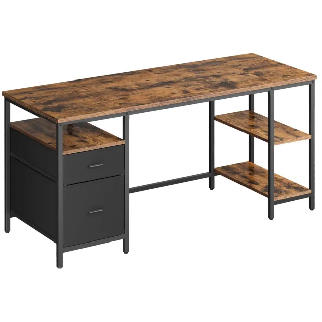 Bobbel Home Computerbureau Bureau Schrijftafel Minimalistisch industrieel design Met verstelbare poten 3 planken en 2 lades Stevig duurzaam metalen frame Eenvoudig te monteren Geschikt voor thuiskantoor en studeerkamer 60x160x76cm Vintagebruin+Zwart