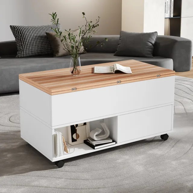 HAUSS SPOLE Salontafel - Opklapbaar En Hoogteverstelbaar Met 4 Lades En Wielen - Voor Woonkamer En Werkkamer - Spaanplaat - 100x50x52 Cm - Wit Eik