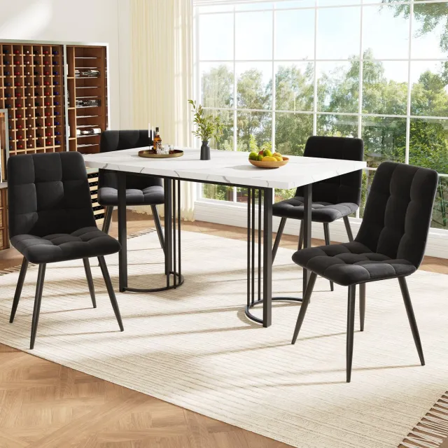 REDOM Eethoekset - Uitschuifbare Tafel Met 4 Stoelen - Modern - MDF, Metaal En Fluweel - Zwart En Wit - 140-179,5 x 80 x 75,5 cm Zwart+Wit