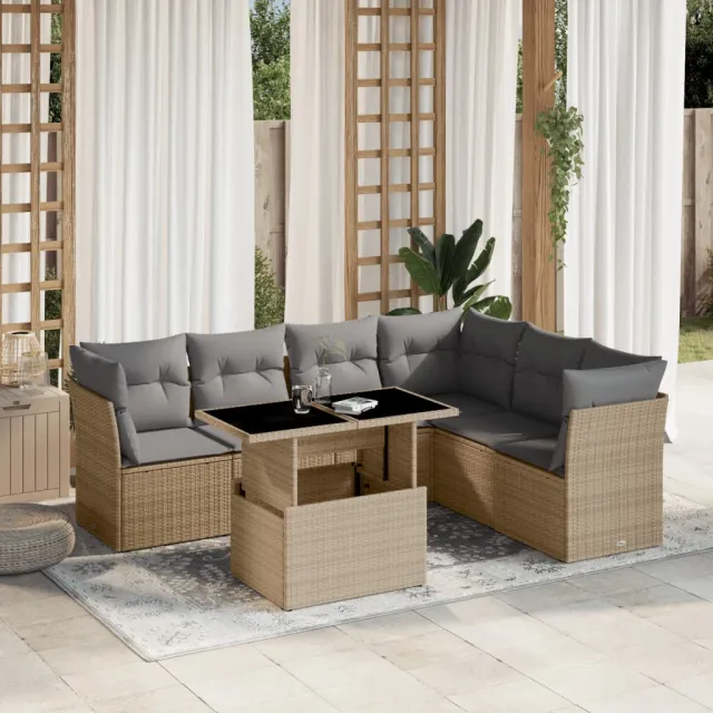vidaXL 7-delige Loungeset met kussens poly rattan beige, foto 2