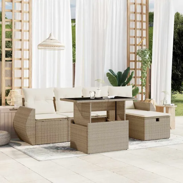 vidaXL 6-delige Loungeset met kussens poly rattan beige, foto 2
