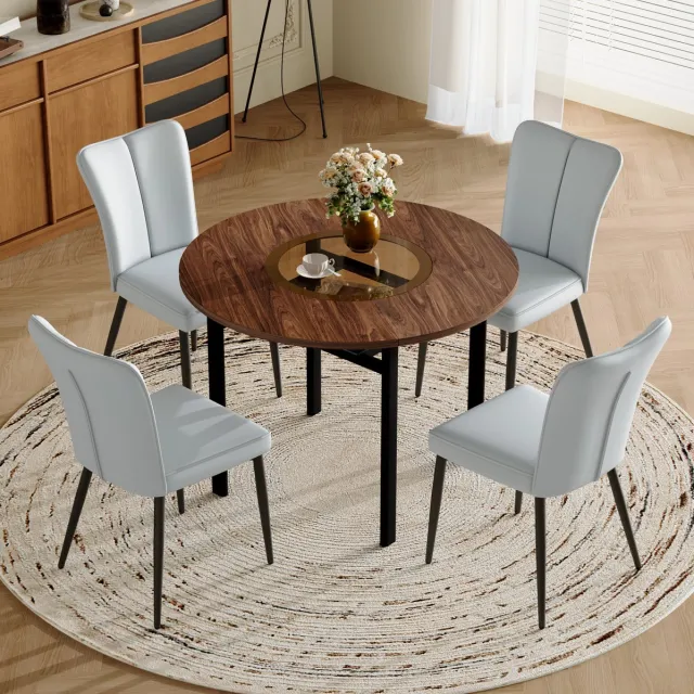 MEUNIQ ronde eettafelset 100 cm met 4 stoelen, houten tafelblad met glasinleg, zwarte metalen poten, voor eetkamer en keuken Brown+Black,Light Gray