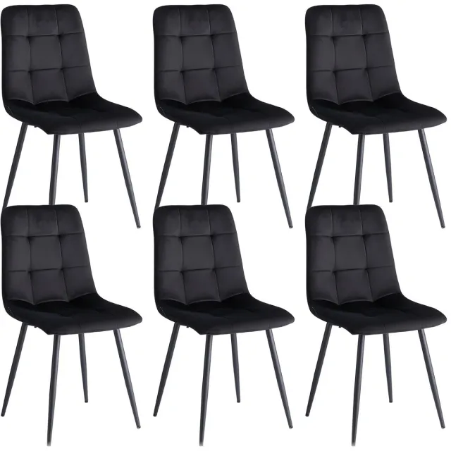 Questyr Eetkamerstoelen – Set van 6 – Fluweel – Zwart – Comfortabele Scandinavische Stoelen met Zachte Zitting & Houten Poten