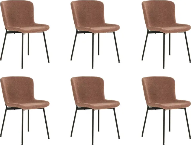 QUVIO Eetkamerstoel Lucy – Eetkamerstoelen - Bouclé - Staal - Bruin - Roestbruin - Set van 6