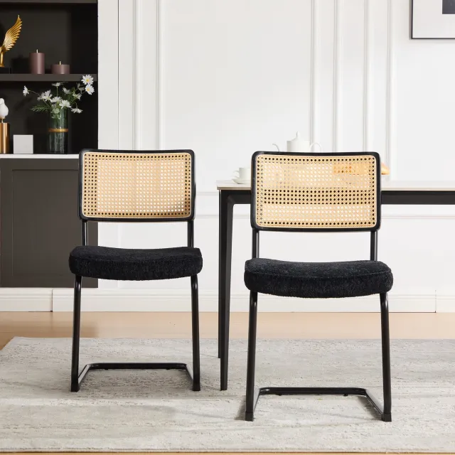 WUVRIE Set van 2 eetkamerstoelen - Rotan rugleuning en chenille zitting - Zwart metalen frame