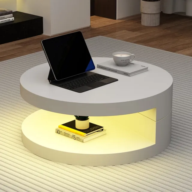 DESMIU Salontafel 70 x 70 x 35,5 cm 360° Draaibaar MDF Wit Met Led Verlichting Voor Woonkamer En Extra Opbergruimte