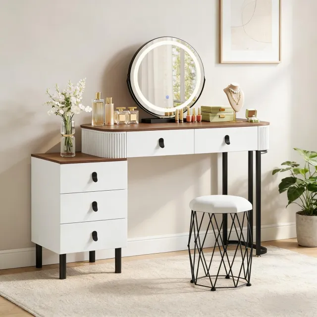 Ropilly Kaptafel Met Dimbare Ledspiegel - Make-uptafel Met Vijf Lades En Fluwelen Kruk - Voor Slaapkamer Of Dressing - Wit En Bruin Brown+White