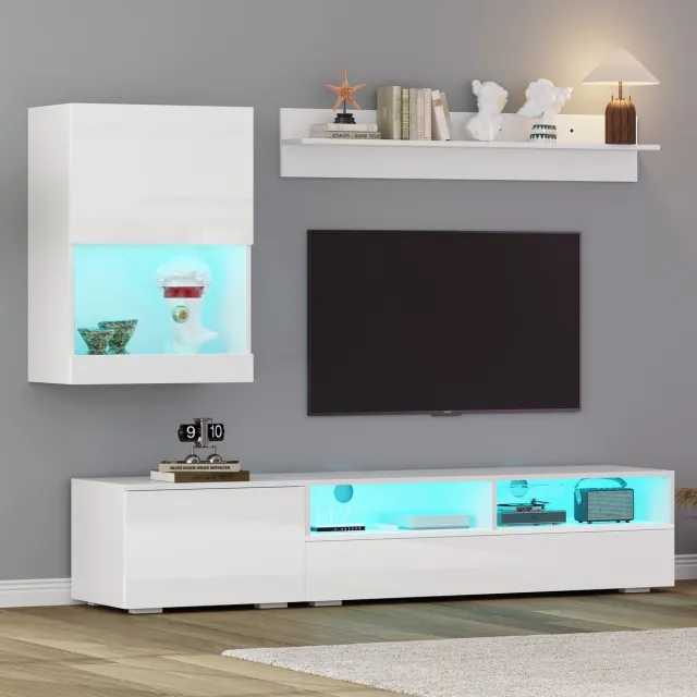 OKWISH TV meubel - Hangend TV Kast en Wandschrank set met LED - Ideaal voor televisie en Bohème inrichting - 175x39x34 cm - Spaanplaat - Wit
