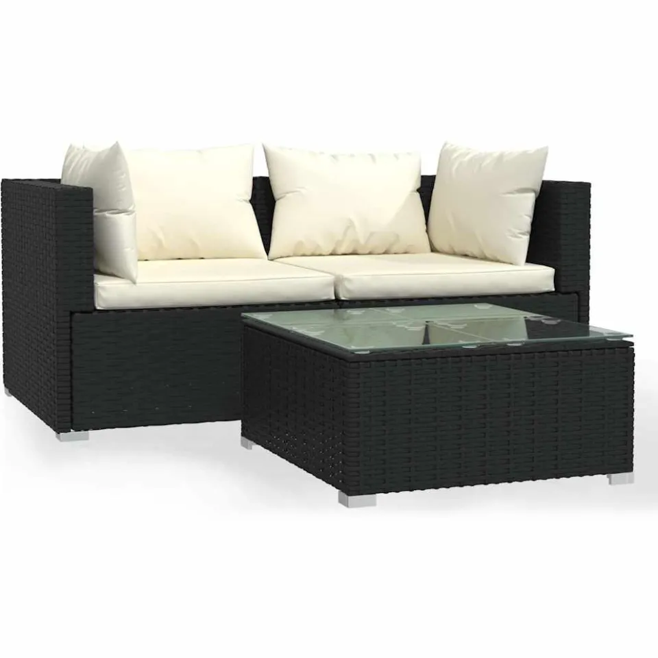 vidaXL 3-delige Loungeset met kussens poly rattan zwart, foto 3