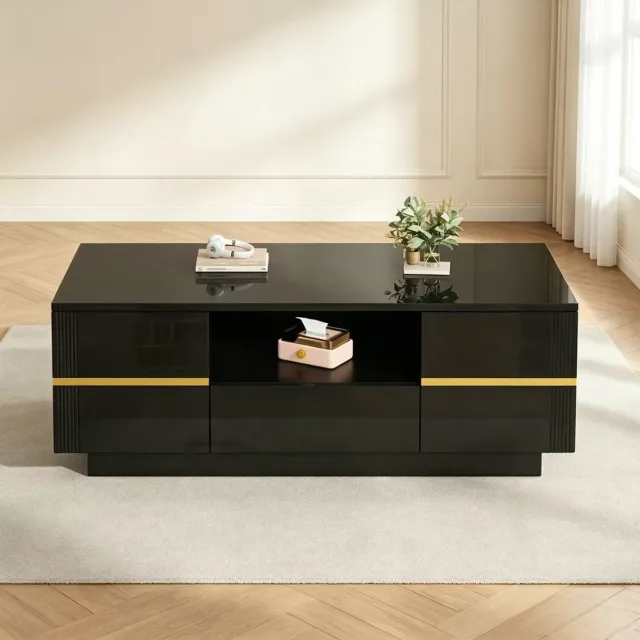 OKWISH Salontafel - Hoogglans Met 2 Deuren, 1 Lade En Open Vak - Woonkamer En Werkkamer - MDF Zwart Met Gouden Accenten - 100 x 50 x 35,5 cm