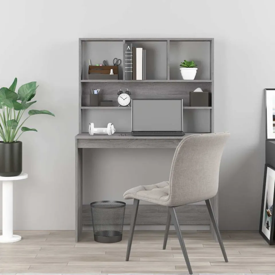 vidaXL Bureau met schappen 102x45x148 cm bewerkt hout grijs sonoma, foto 3