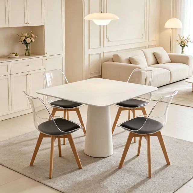 HAUSS SPOLE Eetkamerstoelen - Set van 4 - Gewatteerde Kunstleren Zitting - Houten Poten - Voor Eetkamer en Woonkamer - Zwart