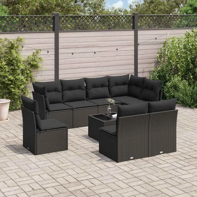 vidaXL 9-delige Loungeset met kussens poly rattan zwart, foto 2