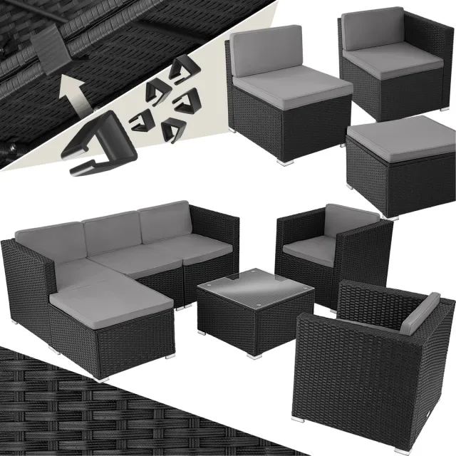 Tectake wicker Loungeset, buitenzitgroep, set met bank, 2 fauteuils, kruk, tafel, vrij combineerbaar, tuinmeubelen voor 5-6 personen, voor tuin, terras, balkon, inclusief kussens - zwart - poly-rattan