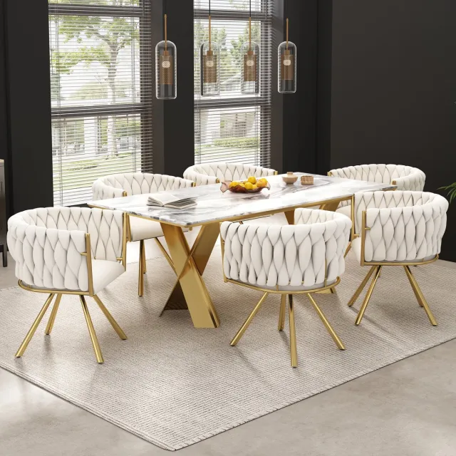 HAUSS SPOLE Eetkamerstoel Kuipstoel Set van 6 - Draaibaar 360 Graden Met Ergonomische Rugleuning - Voor Eetkamer En Woonkamer - Velvet Beige Goud