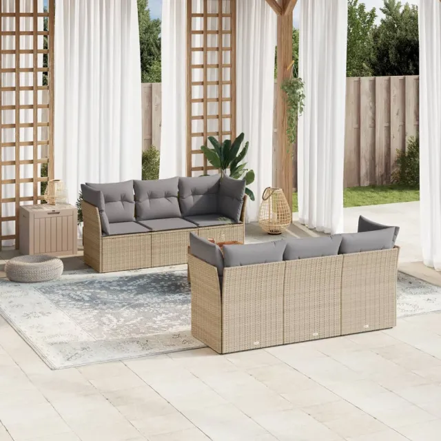 vidaXL 7-delige Loungeset met kussens poly rattan gemengd beige, foto 2